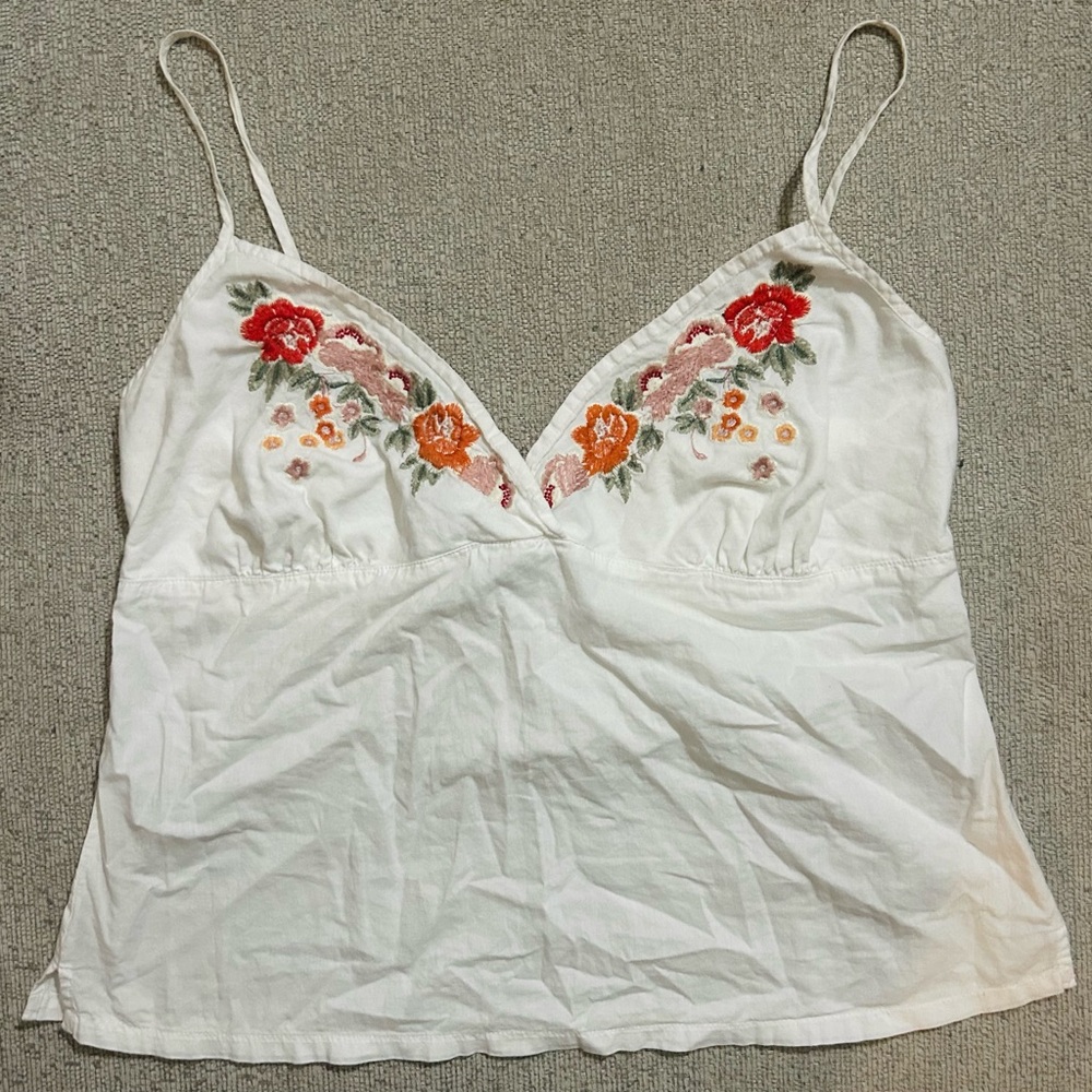 Stamp 10 Floral Embroidered White Cotton BohemianTank Top